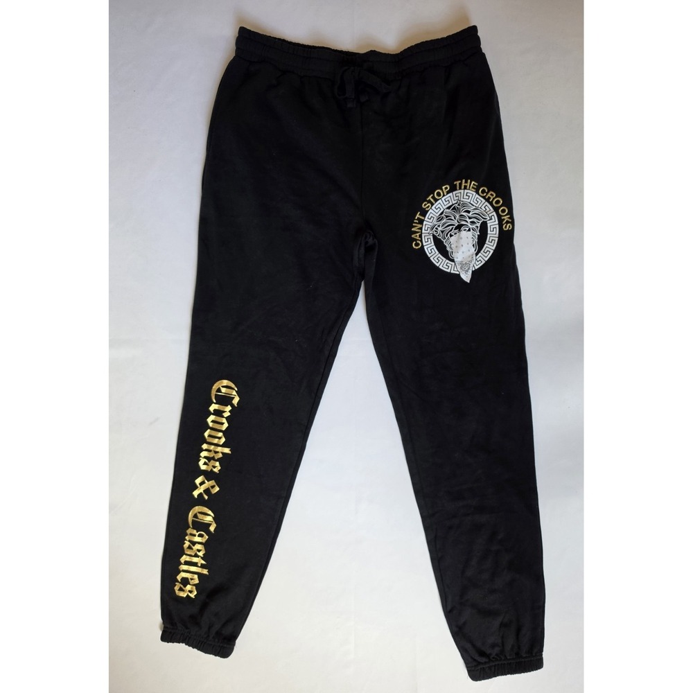 Crooks & Castles Men's Black Jogger Sweatpants Gold White Graphics – L 36-38